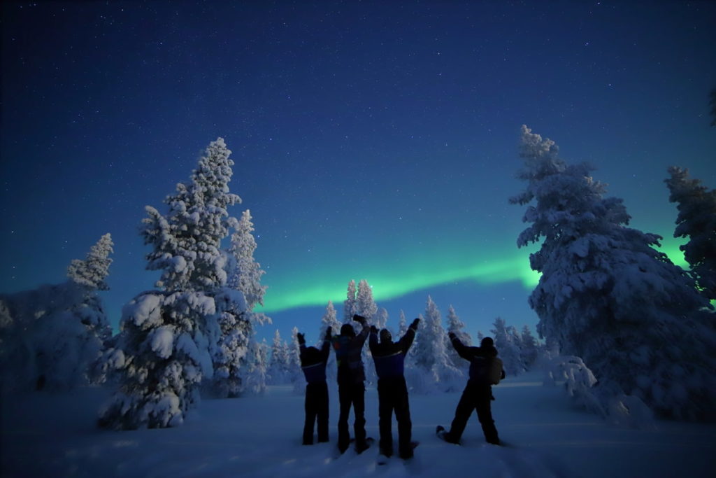 snowshoeing group admire northern lights