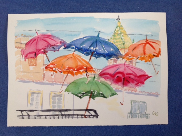 painting of colourful umbrellas