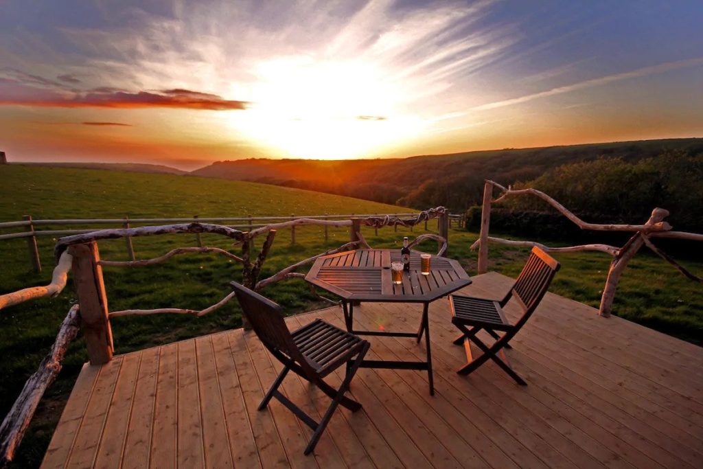 tiny house decking and sunset in cornwall