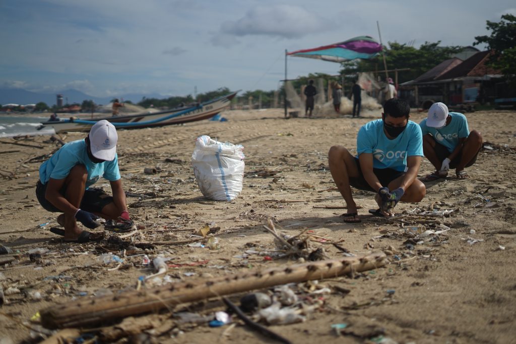 people cleaning up a beach