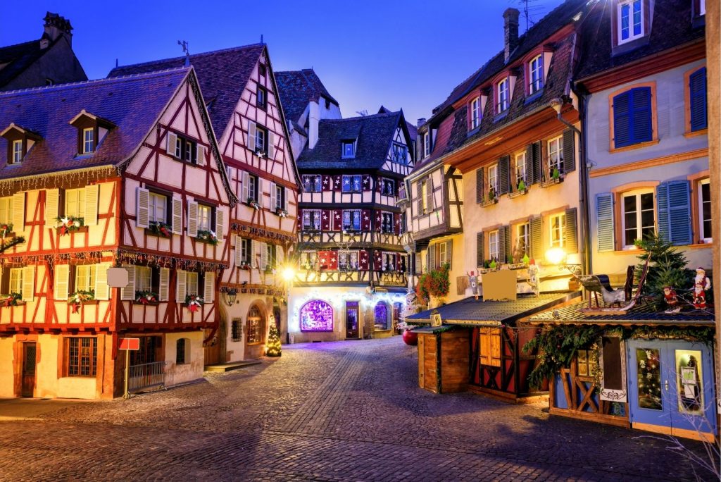 christmas lights on a street in alsace france