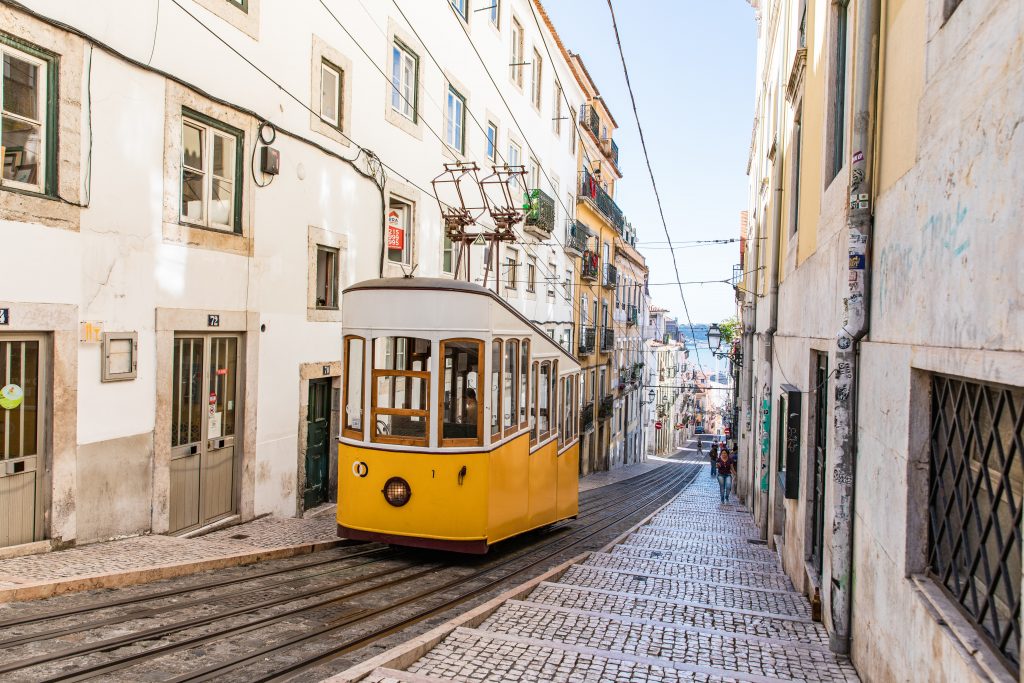 yellow tram in lisbon