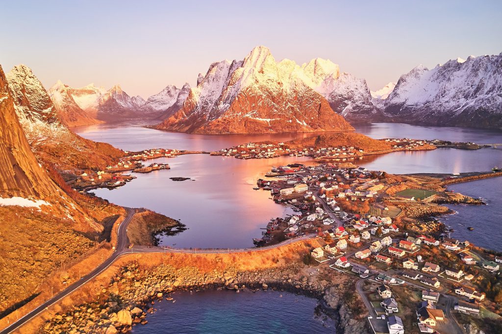 snowy mountains and village in norway